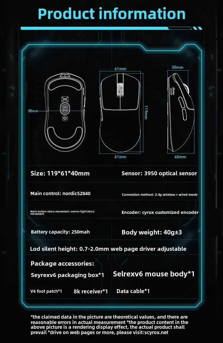 SCYROX V6 Wireless Gaming Mouse with PAW3950 Sensor, 8KHz Polling Rate, 24,600 DPI, 40g Ultra-Light Esports Mouse with 8K Receiver