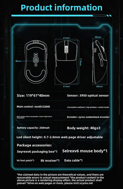 SCYROX V6 Wireless Gaming Mouse with PAW3950 Sensor, 8KHz Polling Rate, 24,600 DPI, 40g Ultra-Light Esports Mouse with 8K Receiver