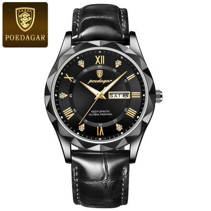 Montre pour homme POEDAGAR, modèle original de luxe : étanche, luminescente, avec affichage de la date et du jour. Montre à quartz au style classique et professionnel, dotée d'un bracelet en cuir.