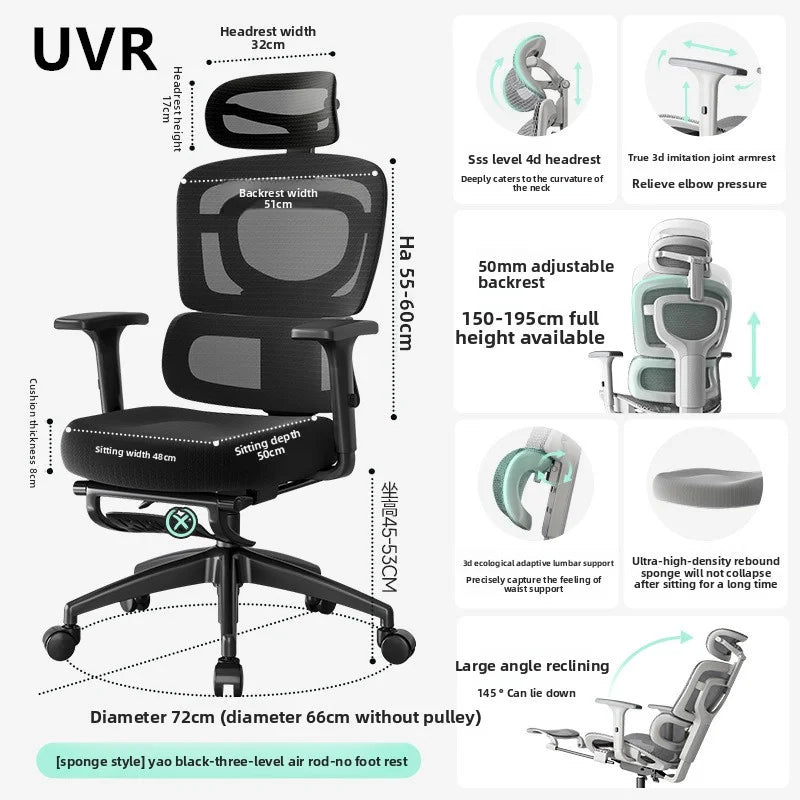 UVR Ergonomic Chair Lift Adjustable Swivel Chair Sedentary Comfort Mesh Staff Chair Reclining Backrest Stool Mesh Office Chair