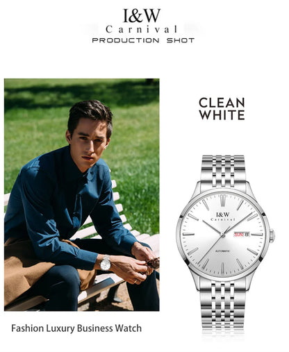 Carnival High-end Series I&W Brand Automatické mechanické hodinky Pánske vodotesné hodinky Oceľ 316L Safír Pánske hodinky na biznis