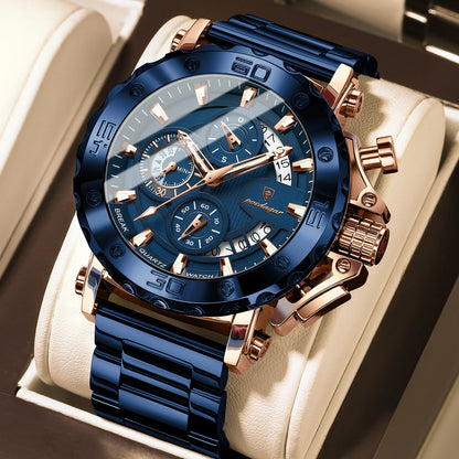 Luxusné pánske hodinky POEDAGAR, svietiace, vodotesné, chronograf, dátum, nerezová oceľ, quartz, Reloj