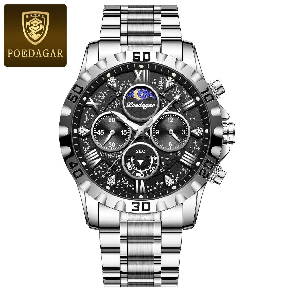 Pánské hodinky POEDAGAR – luxusní chronograf, vodotěsné a luminiscenční, z nerezové oceli, ve sportovním a vojenském stylu, s quartzovým strojkem