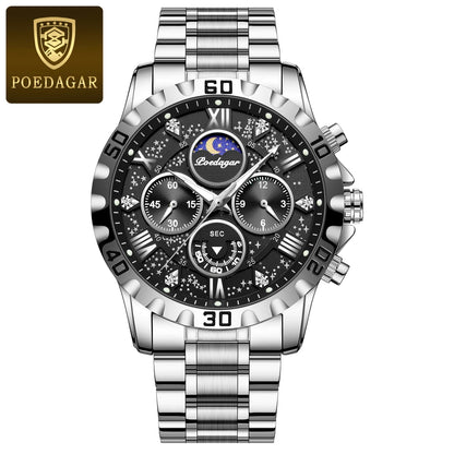 Pánské hodinky POEDAGAR – luxusní chronograf, vodotěsné a luminiscenční, z nerezové oceli, ve sportovním a vojenském stylu, s quartzovým strojkem