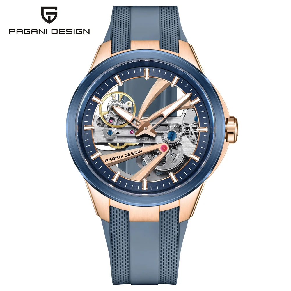 Ανδρικό ρολόι PAGANI DESIGN – Πολυτελές αυτόματο μηχανικό μοντέλο, τύπου «σκελετού» (με ανοιχτή καρδιά), εξοπλισμένο με τουρμπιγιόν, ζαφειρένιο κρύσταλλο με αντιανακλαστική επίστρωση, αδιάβροχο και φωταυγές.