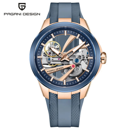 Ανδρικό ρολόι PAGANI DESIGN – Πολυτελές αυτόματο μηχανικό μοντέλο, τύπου «σκελετού» (με ανοιχτή καρδιά), εξοπλισμένο με τουρμπιγιόν, ζαφειρένιο κρύσταλλο με αντιανακλαστική επίστρωση, αδιάβροχο και φωταυγές.