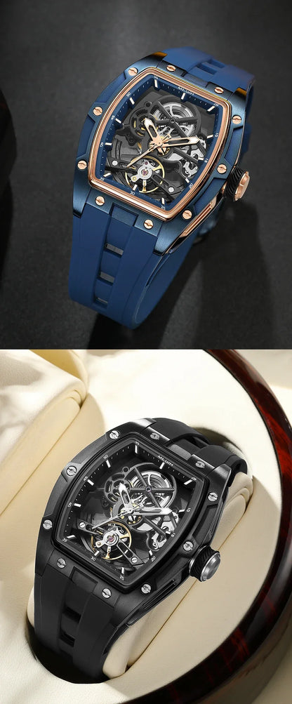 Orologio da polso automatico MEGIR da uomo, fashion, cinturino in silicone nero, impermeabile, luminoso, sportivo, meccanico, con quadrante tonneau 2242