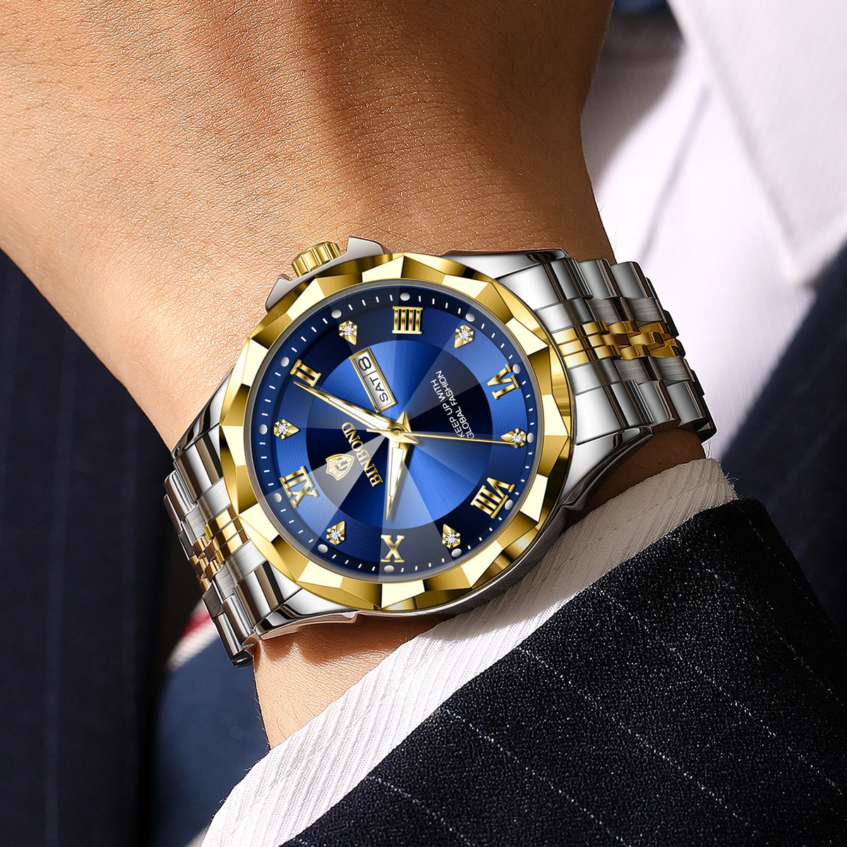 Orologio al quarzo da uomo BINBOND – Orologio da polso di lusso, luminescente e impermeabile, con indicazione del giorno della settimana e data automatica.