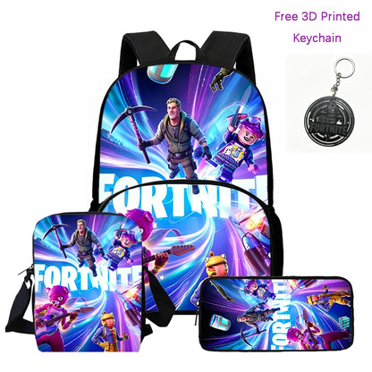 FORTNITE 3Pcs Lightweight Backpack With Front Pocket,Crossbody Bag&Pencil Case For Age 5-10 Boys Girls,Free 3D Printed Keychain