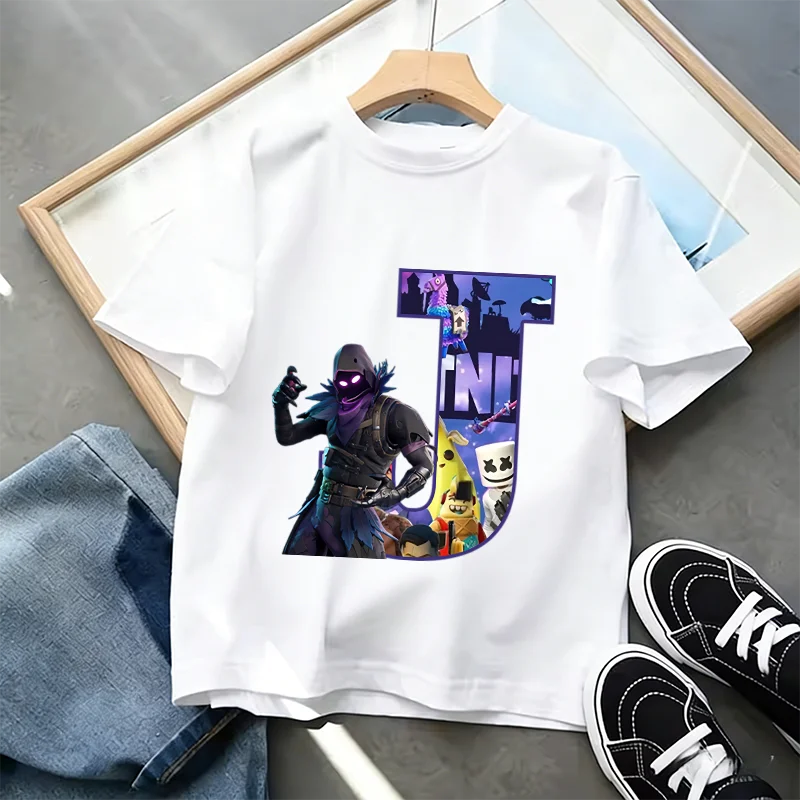 Fortnite A-Z Alphabet Print T-Shirt für Kinder, Sommer, weiß, beliebtes Cartoon-Game-Shirt, modisches Casual-Kurzarmtop, Geschenk