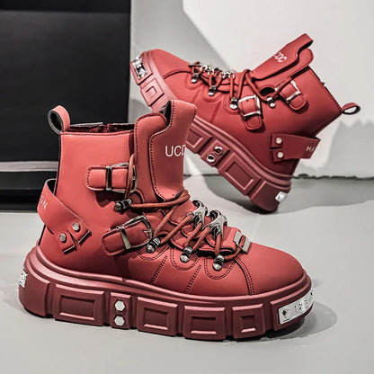 Baskets montantes noires à rivets, mode, pour homme, en cuir, design de luxe, chaussures de ville, style gothique et punk, bottes de moto pour homme, grandes tailles jusqu'à la taille 46