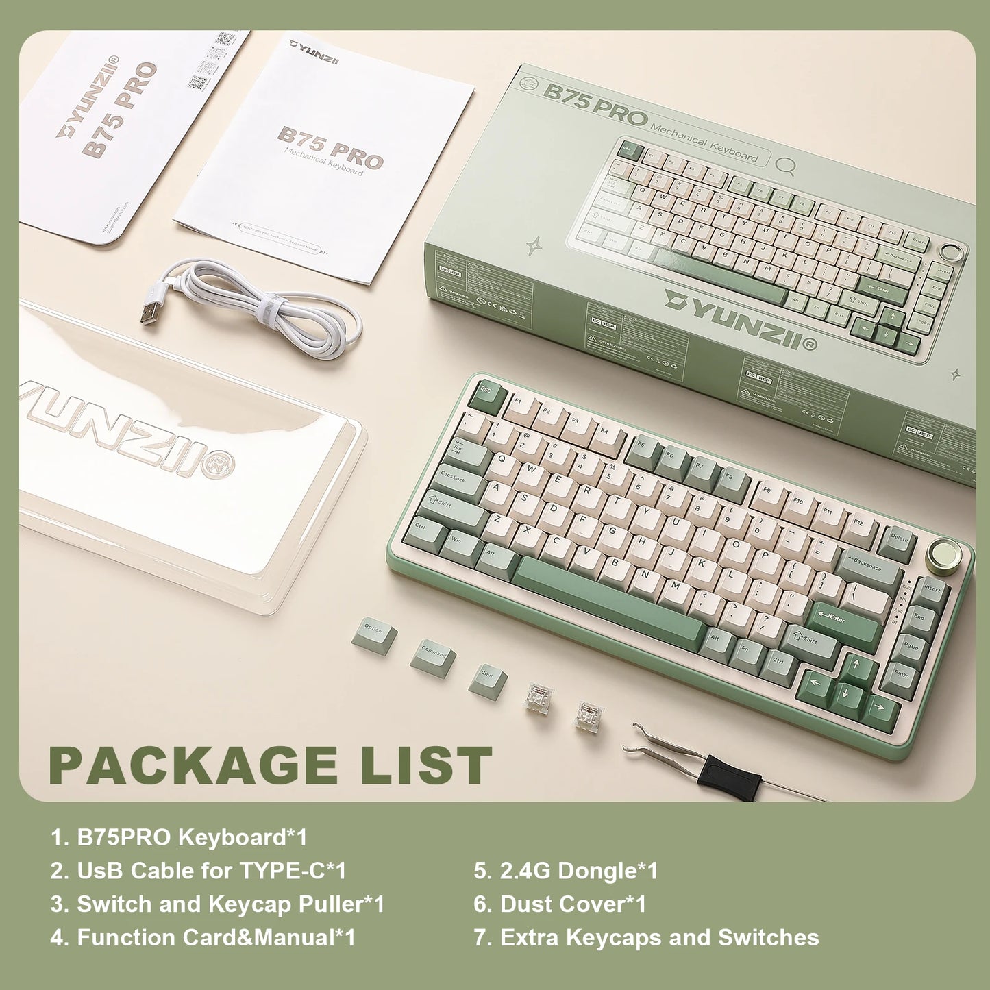 YUNZII B75 PRO Green Mechanical Gaming Keyboard, Gasket 75 Knob RGB Keyboard, BT/Wired/Wireless  Hot-Swap Custom Creamy Keyboard