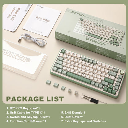 YUNZII B75 PRO Green Mechanical Gaming Keyboard, Gasket 75 Knob RGB Keyboard, BT/Wired/Wireless  Hot-Swap Custom Creamy Keyboard