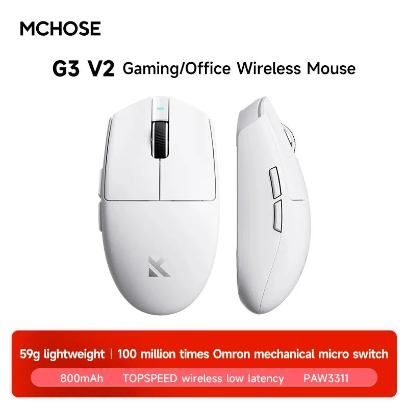 Безжична е-спорт мишка MCHOSE G3 V2 Pro, лека, с три режима, Bluetooth, PAW3395, висока производителност, 800mAh, за игри и офис, 59g