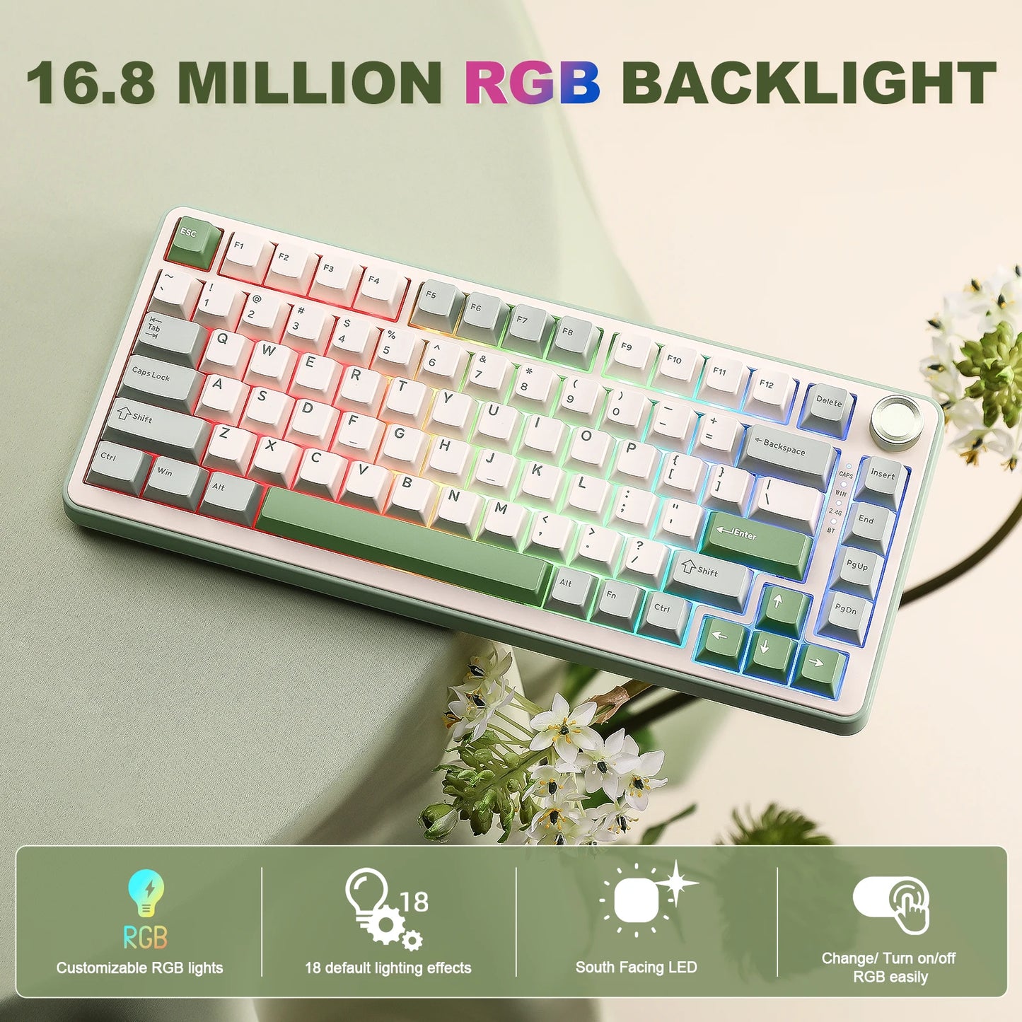 YUNZII B75 PRO Green Mechanical Gaming Keyboard, Gasket 75 Knob RGB Keyboard, BT/Wired/Wireless  Hot-Swap Custom Creamy Keyboard