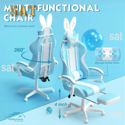 Kawaii Light Blue Gaming Chair with Bunny Ears, Ergonomic Cute Gamer Chair with Footrest, Massage Function, Reclining Racing Style Computer Chair
