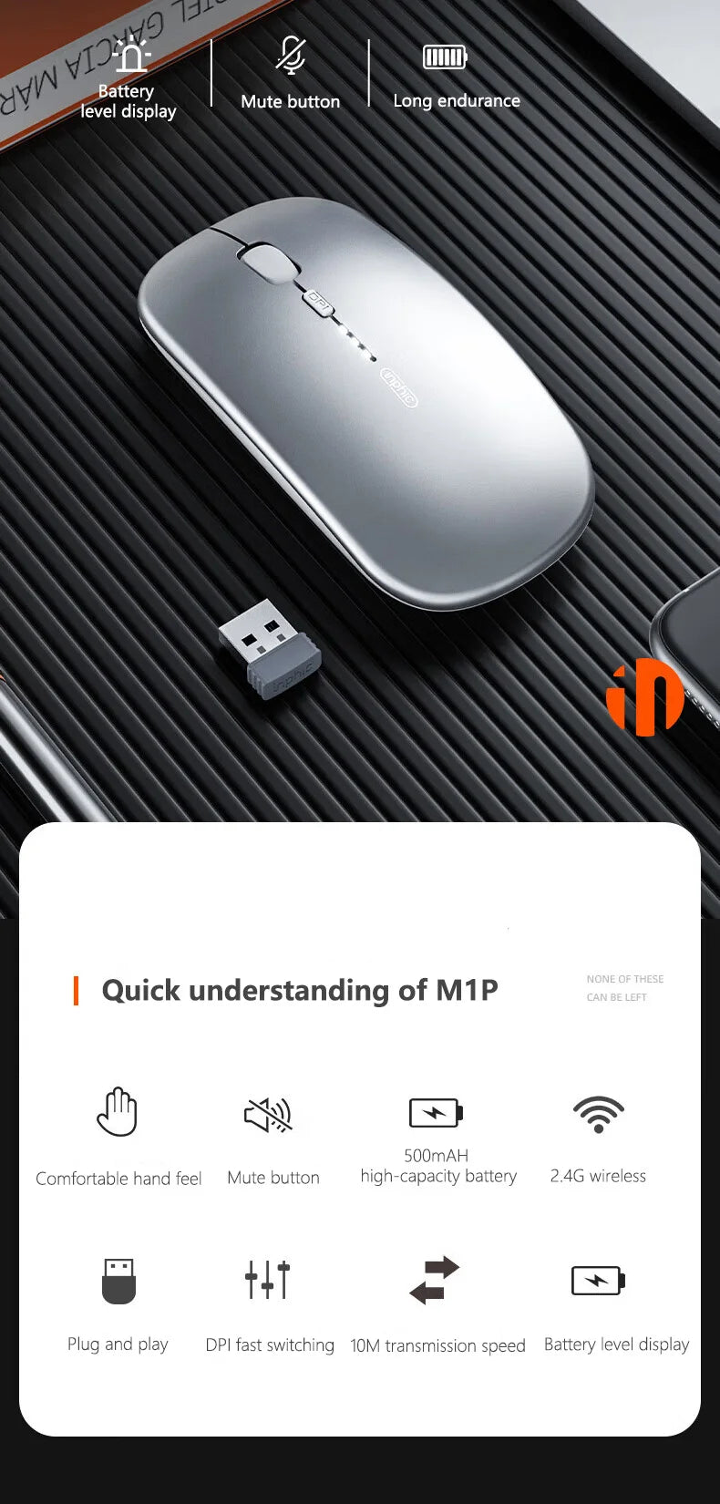 Inphic M1P Rechargeable 2.4G Wireless Mouse Battery Level Display Office Mute Ultra Thin Portable Mouse for Laptop