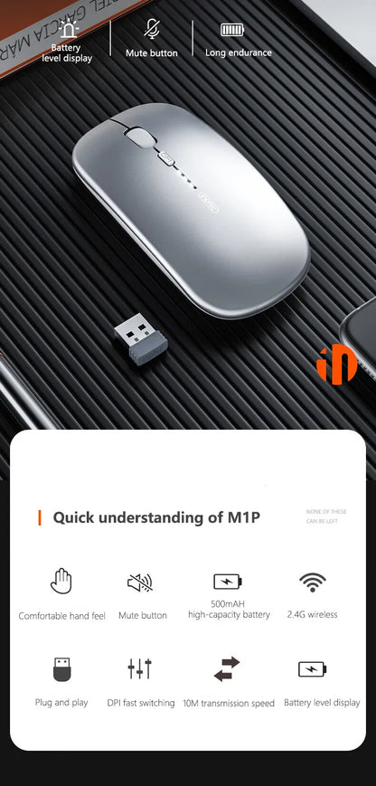 Inphic M1P Rechargeable 2.4G Wireless Mouse Battery Level Display Office Mute Ultra Thin Portable Mouse for Laptop