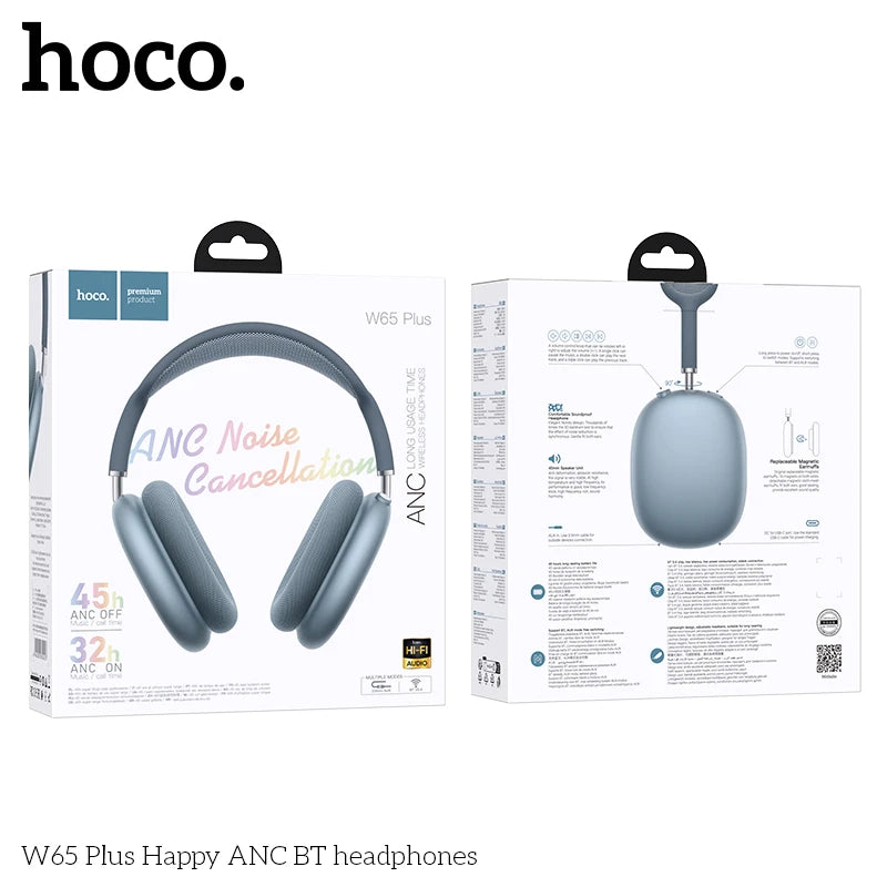 Casque Bluetooth HOCO W65 Plus ANC à réduction de bruit, circum-auriculaire, sans fil, grand écouteur, son Hi-Fi, casque sport avec bouton