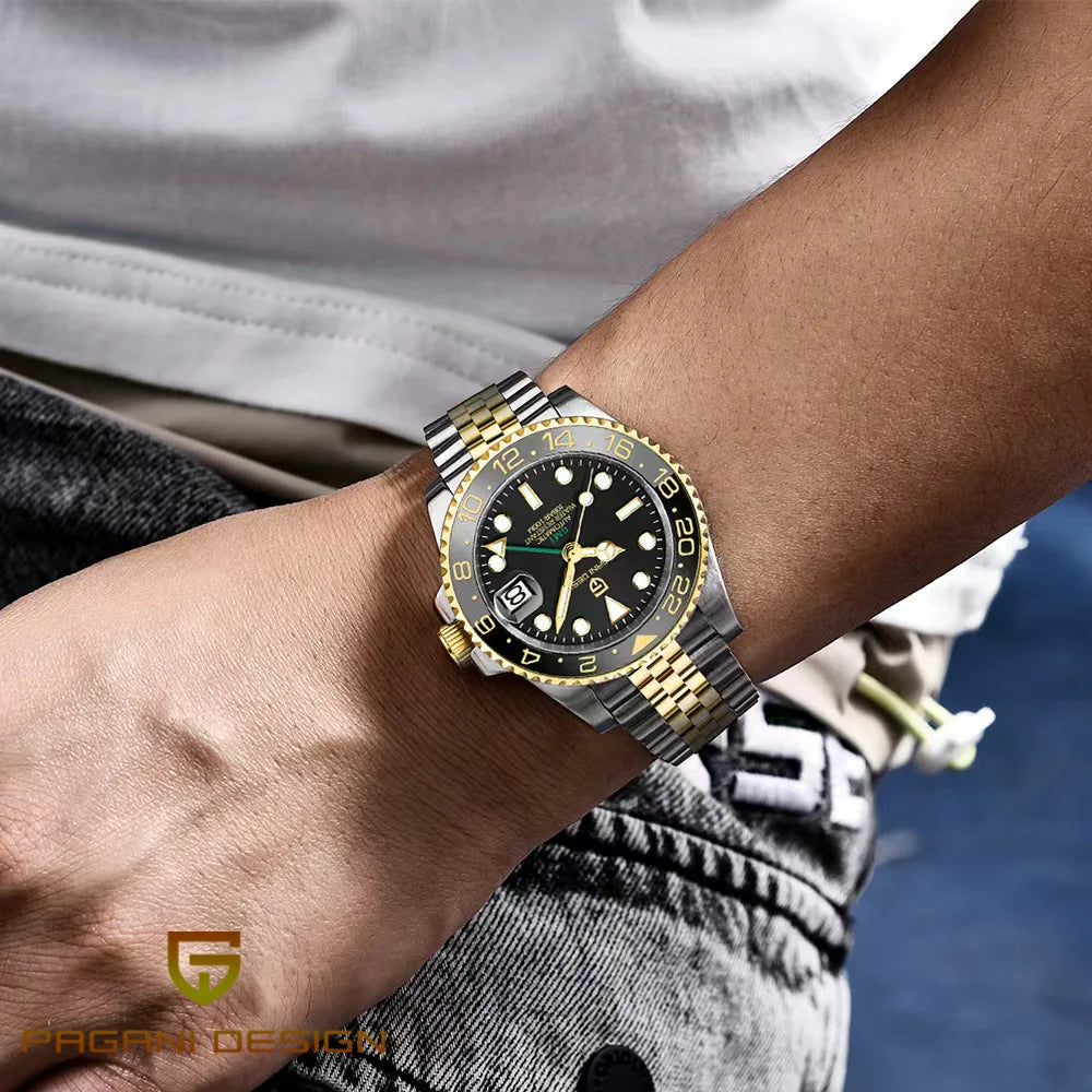 Механичен мъжки часовник Pagani Design GMT – Луксозен модел със сапфирен кристал, корпус от неръждаема стомана и керамична рамка – Автоматичен мъжки часовник, професионален стил