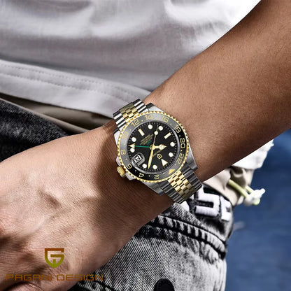 Механичен мъжки часовник Pagani Design GMT – Луксозен модел със сапфирен кристал, корпус от неръждаема стомана и керамична рамка – Автоматичен мъжки часовник, професионален стил