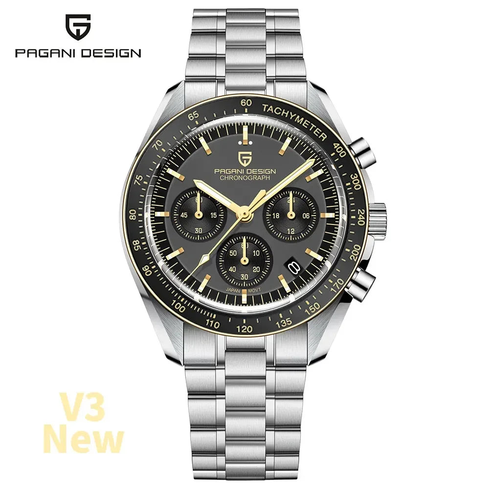 Montre pour homme PAGANI DESIGN (nouveau modèle V5 PD1701) – Chronographe sportif de type « Speed » à quartz, verre saphir avec traitement antireflet, étanche jusqu'à 100 mètres.