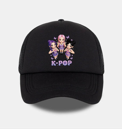 K-POP Cute Cartoon Girl Group Print Sponge Mesh Cap | Unisex Adjustable Mesh Baseball Cap | Y2K K-Pop Fan Street Style Sun Hat