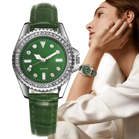 Ladies Luxury Diamond Branded Quartz Watch Fashion 2025 New Simple Green Leather Women's Dress Clock Watch DDP
