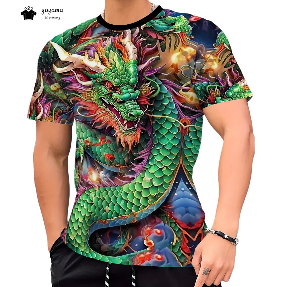 Pánská trička s motivem draka, tričko s krátkým rukávem, módní streetwear, tričko s kulatým výstřihem, trendové zvířecí motivy, 3D tisk, volný střih, univerzální pánské oblečení