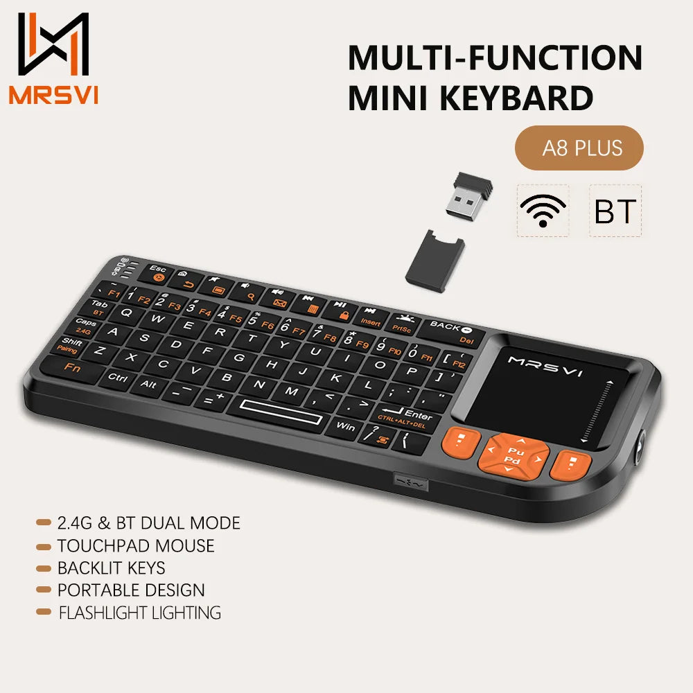 Teclado Bluetooth Mini MRSVI A8 PLUS, teclado sem fios 2.4GHz retroiluminado com touchpad para Android TV Box, Mac, portátil, Windows