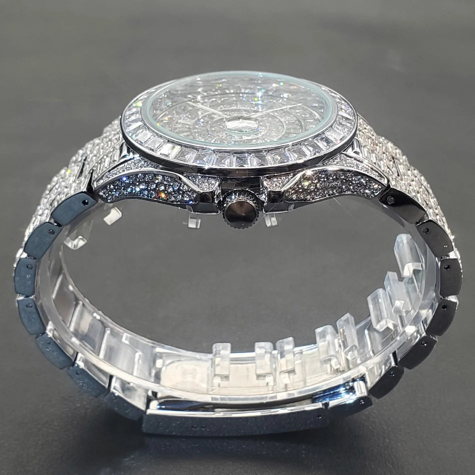 Full Iced Out Watches For Men Luxury Handmade Mosaic Diamond Silver Steel Watch Fashion Hip Hop Silver Automatic Date Male Clock