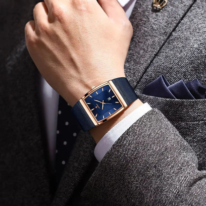 POEDAGAR men’s watch, luxury model, stainless steel mesh strap, date display, water-resistant, luminescent hands, casual style, rectangular case, quartz movement.