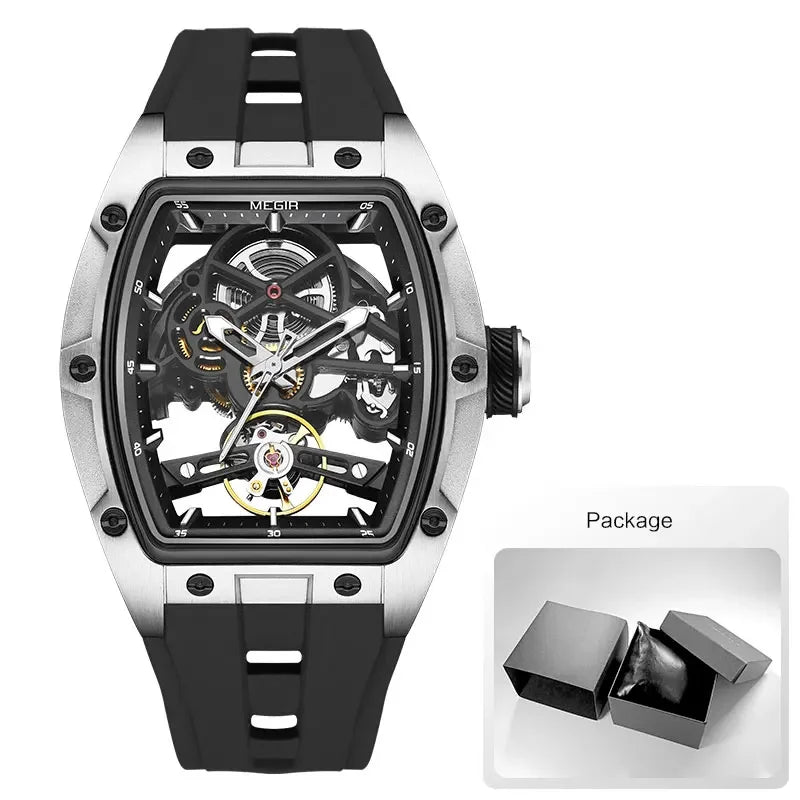 Orologio da polso automatico MEGIR da uomo, fashion, cinturino in silicone nero, impermeabile, luminoso, sportivo, meccanico, con quadrante tonneau 2242