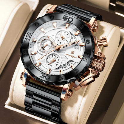 Luxusné pánske hodinky POEDAGAR, svietiace, vodotesné, chronograf, dátum, nerezová oceľ, quartz, Reloj