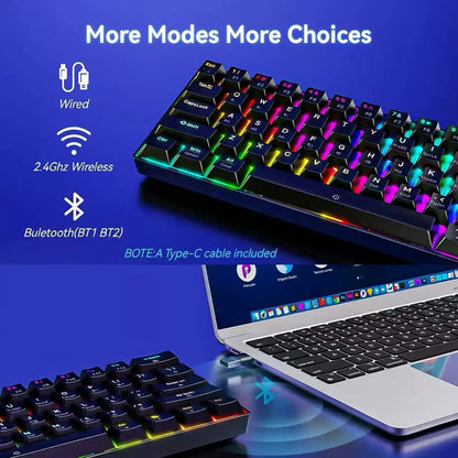 61-Key RGB Backlit Tri-Mode Bluetooth Mechanical Keyboard Dust-Proof Hot-Swappable Wireless Gaming & Office Keyboard for Esports
