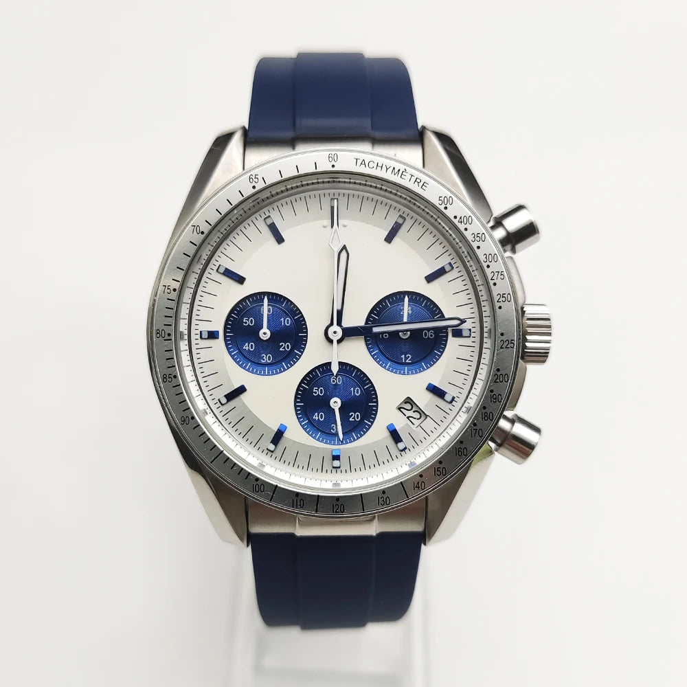 20 Color Business 39mm Quartz Watch Men's Timing Sapphire Crystal VK63 Movement Calendar Luminous Blue Dial Stainless Steel Strap