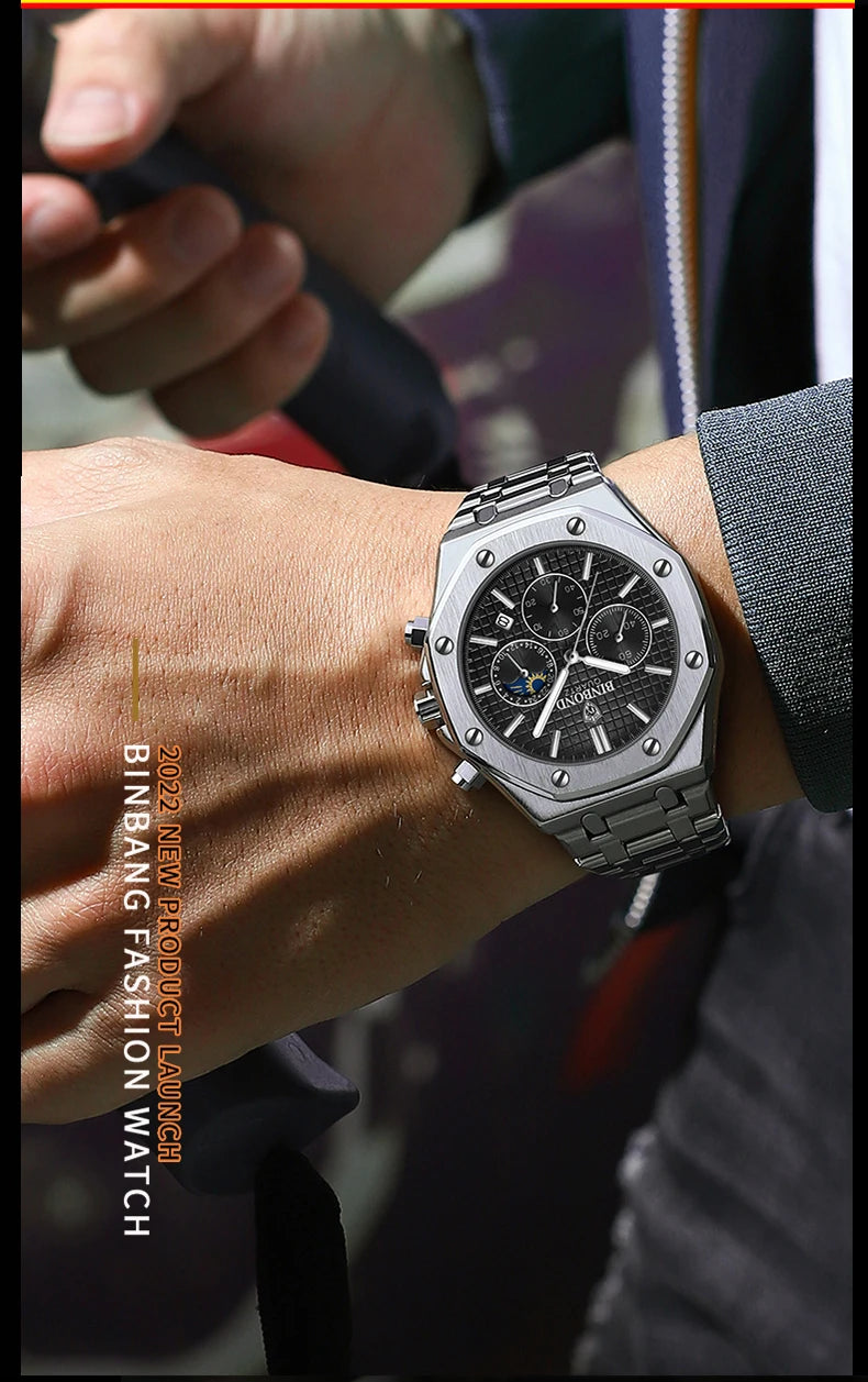 BINBONG B0161 Top Brand Man Business Quartz Watch Chronograph Wristwatch Stainless Steel Strap 30M Waterproof Luxury Men Watch