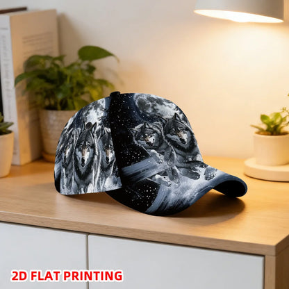 Casquette de baseball classique ornée d’un imprimé plat en 2D représentant des loups sous la pleine lune – casquette légère et ajustable à visière en bec de canard