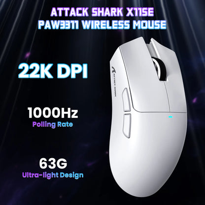 Rato Gaming Sem Fios ATTACK SHARK X11SE, Tri-Mode, Superleve de 63g com Sensor PAW3311, 22000 DPI, Bateria de 300mAh, Duplo Driver