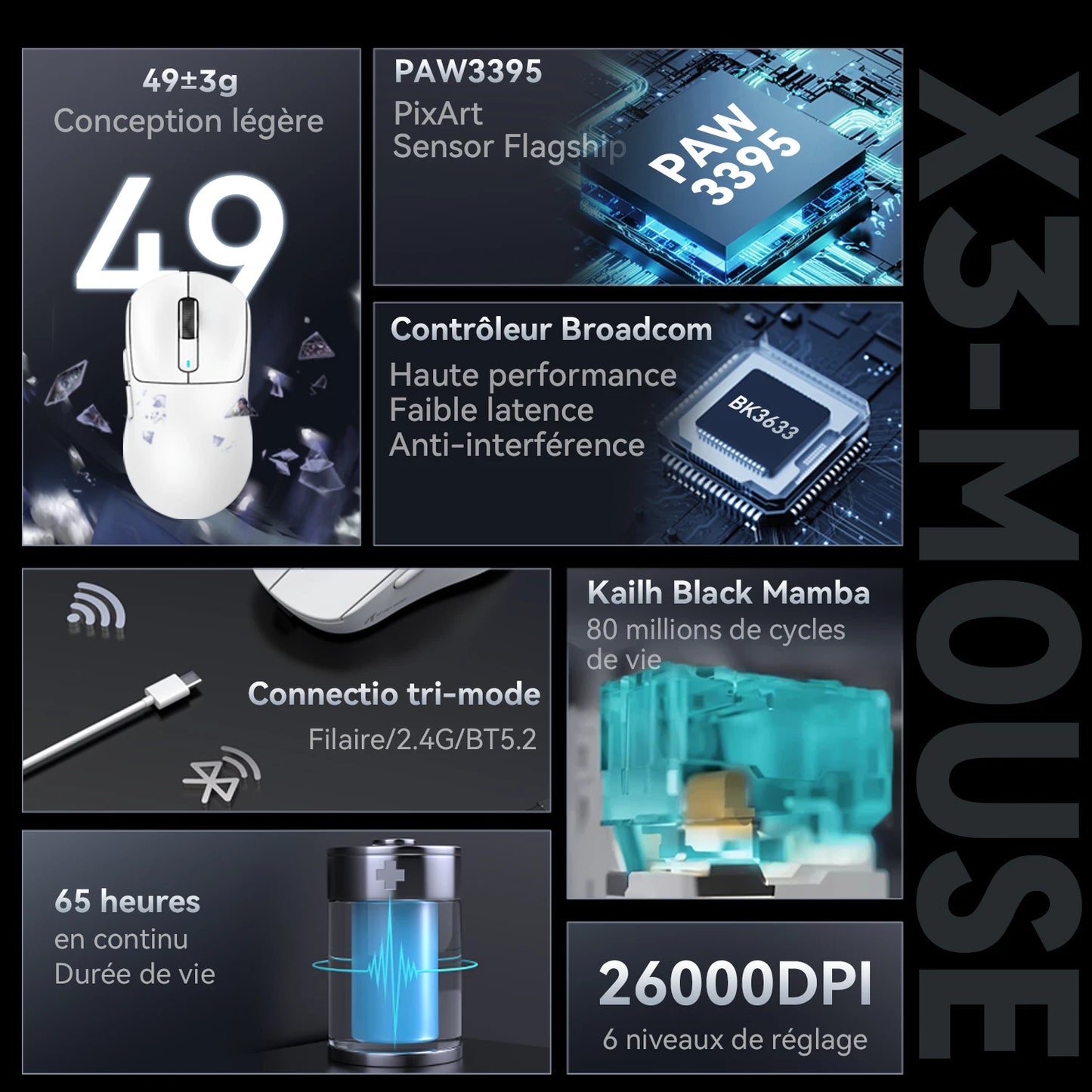 Atack Shark X3 PAW3395 Mouse Lightweight Wireless Gaming Mouse, Tri-Mode Mouse, 26K DPI PAW3395, PC/Laptop/Win/Mac