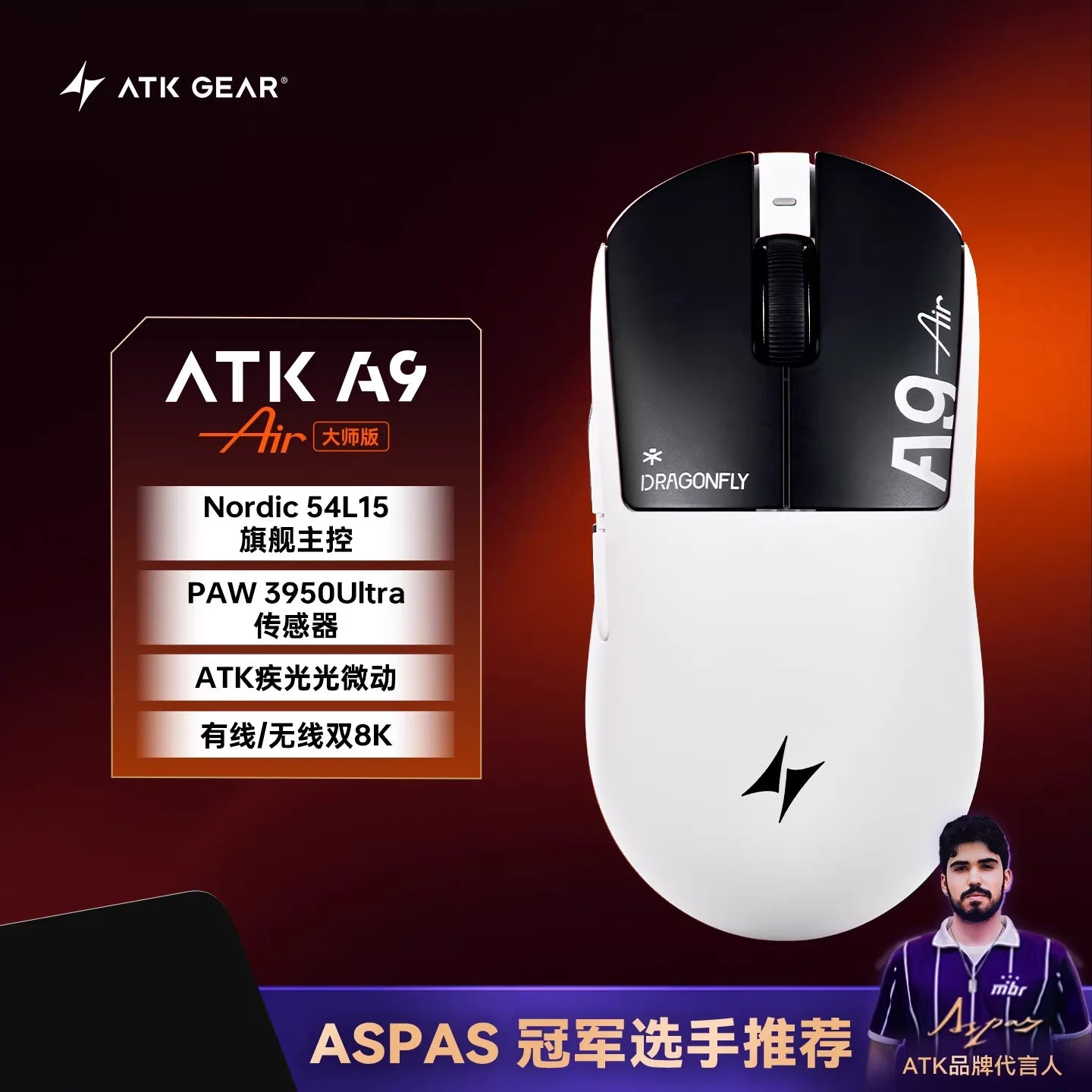 Rato Gaming Sem Fios ATK A9 com Tecnologia NearLink, Ergonómico PAW3395, Tri-Mode Bluetooth de Baixa Latência para Esports e PC