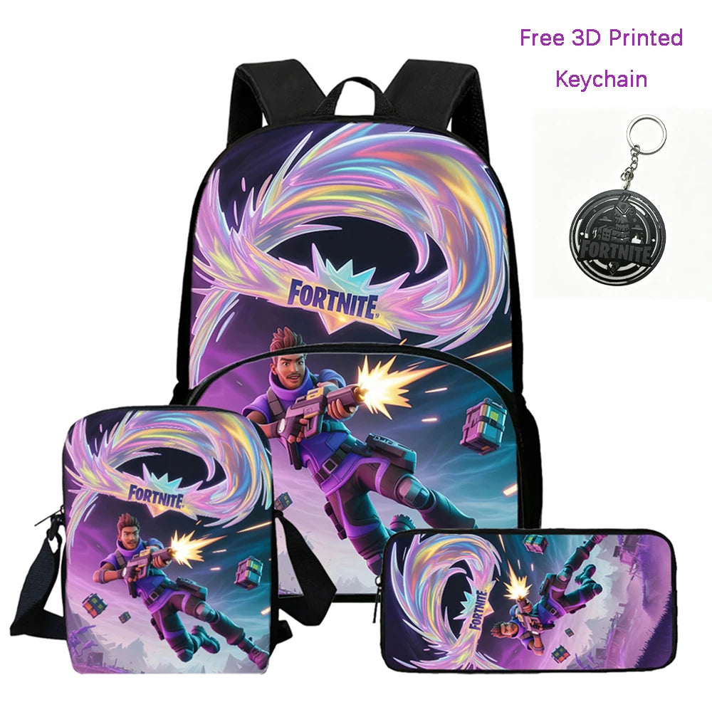 FORTNITE 3Pcs Lightweight Backpack With Front Pocket,Crossbody Bag&Pencil Case For Age 5-10 Boys Girls,Free 3D Printed Keychain