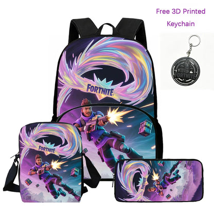 FORTNITE 3Pcs Lightweight Backpack With Front Pocket,Crossbody Bag&Pencil Case For Age 5-10 Boys Girls,Free 3D Printed Keychain