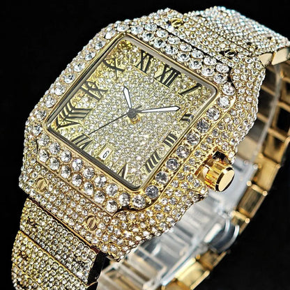 Hot UNIGUET Men's Square Watch Luxury Hip Hop Diamond Jewelry Waterproof Stainless Steel Quartz Wristwatch Fashion Man Accessory