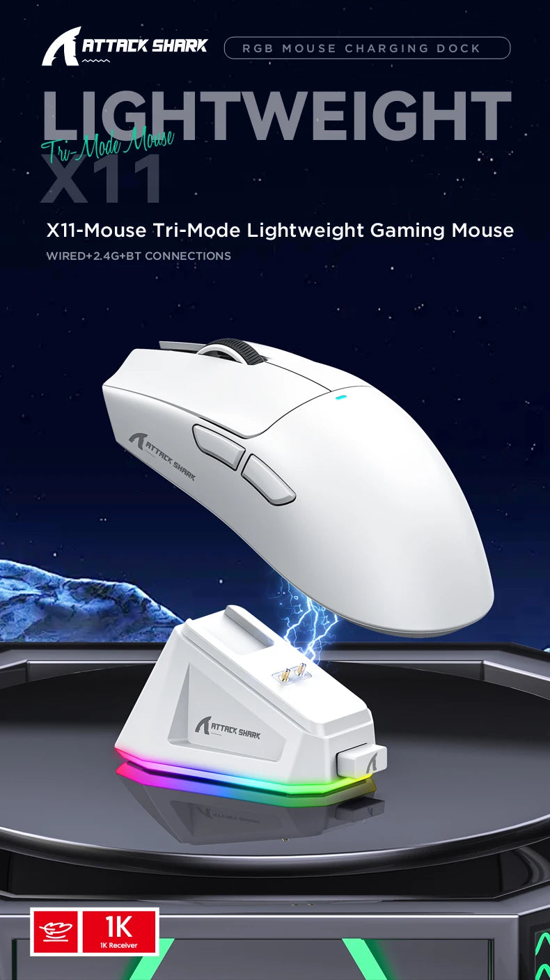 ATTACK SHARK X11 Tri-Mode Lightweight Gaming Mouse with PAW3311, 22000DPI, 400IPS, 40G, 59g, Magnetic Fast Charging, RGB Backlight