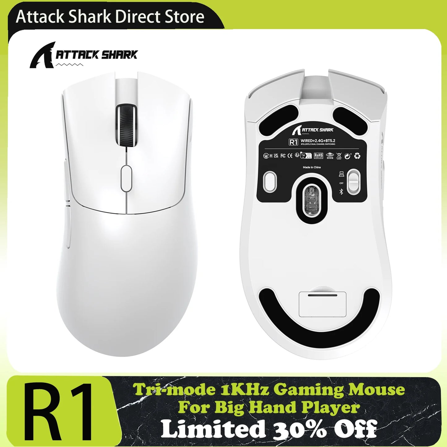 Геймърска мишка ATTACK SHARK R1 Tri-mode, сензор PixArt PAW3311, 18000 DPI, 1000hz, ултралека 59g за голяма ръка, за PC/Mac