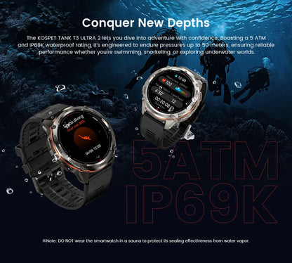 Ceas inteligent KOSPET TANK T3 Ultra 2 pentru bărbați, cu GPS, din oțel inoxidabil, rezistent la apă până la 50 m, IP69K, monitor de sănătate, compatibil cu Android și iOS