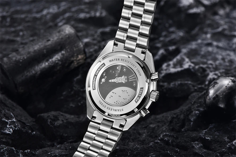 Montre pour homme PAGANI DESIGN « New Moon » – Montre à quartz de luxe, chronographe, verre saphir avec traitement antireflet, lunette en céramique, aiguilles luminescentes