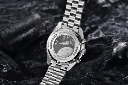 Montre pour homme PAGANI DESIGN « New Moon » – Montre à quartz de luxe, chronographe, verre saphir avec traitement antireflet, lunette en céramique, aiguilles luminescentes