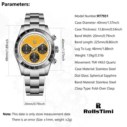 ROSSITIMI Urban Premium Men Quartz Watch Light Luxury Sports Stainless Steel VK63 Tachymeter Luminous 100m Diving Luminous Reloj